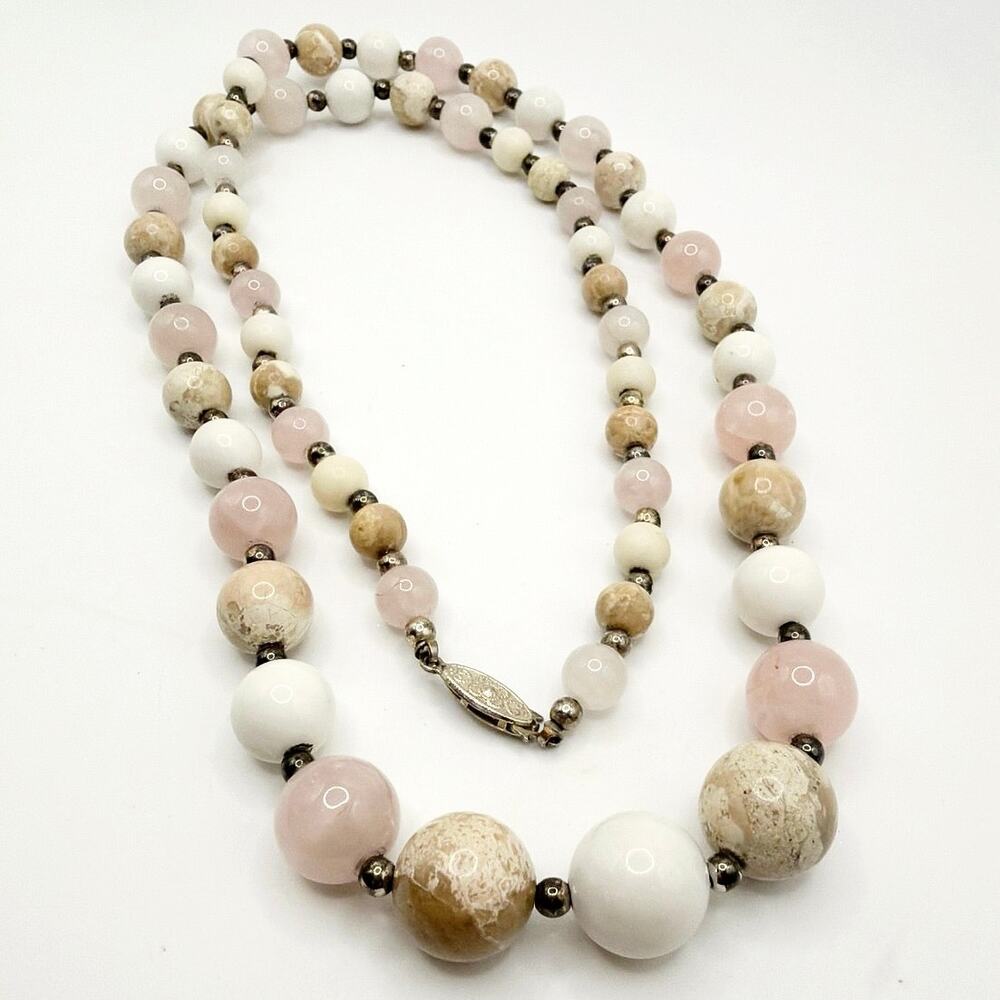 Vintage Agate and Rose Quartz Gemstones Long Necklace 30”